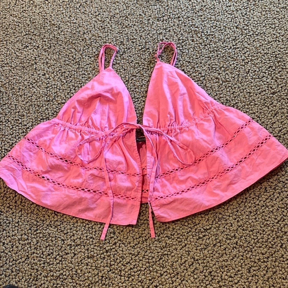 Zara Bright Pink Cropped Tie-Front Eyelet Tank